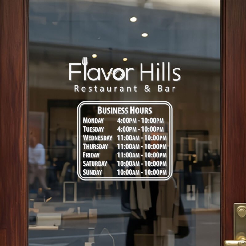 Custom open hours decal applied on wooden glass door, business storefront vinyl lettering, personalized store hours sticker by TheRetractableBanner.Shop