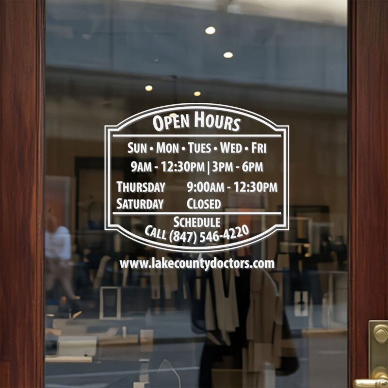 Custom open hours decal applied on wooden glass door, business storefront vinyl lettering, personalized store hours sticker by TheRetractableBanner.Shop