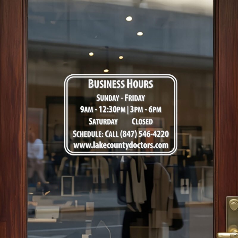 Custom open hours decal applied on wooden glass door, business storefront vinyl lettering, personalized store hours sticker by TheRetractableBanner.Shop