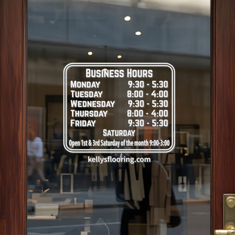 Custom open hours decal applied on wooden glass door, business storefront vinyl lettering, personalized store hours sticker by TheRetractableBanner.Shop