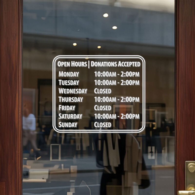 Custom open hours decal applied on wooden glass door, business storefront vinyl lettering, personalized store hours sticker by TheRetractableBanner.Shop