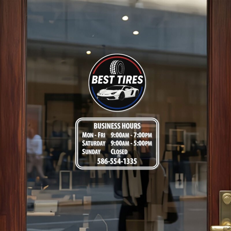 Custom open hours decal applied on wooden glass door, business storefront vinyl lettering, personalized store hours sticker by TheRetractableBanner.Shop