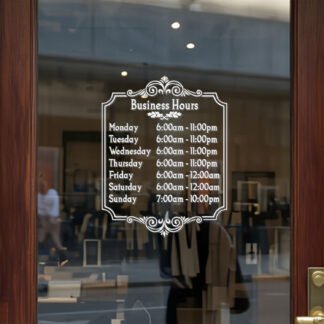 Custom open hours decal applied on wooden glass door, business storefront vinyl lettering, personalized store hours sticker by TheRetractableBanner.Shop
