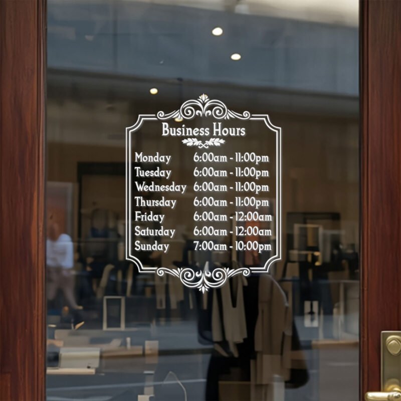 Custom open hours decal applied on wooden glass door, business storefront vinyl lettering, personalized store hours sticker by TheRetractableBanner.Shop