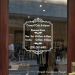 Custom open hours decal applied on wooden glass door, business storefront vinyl lettering, personalized store hours sticker by TheRetractableBanner.Shop