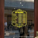 Custom open hours decal applied on wooden glass door, business storefront vinyl lettering, personalized store hours sticker by TheRetractableBanner.Shop