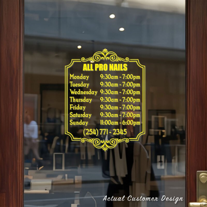 Custom open hours decal applied on wooden glass door, business storefront vinyl lettering, personalized store hours sticker by TheRetractableBanner.Shop