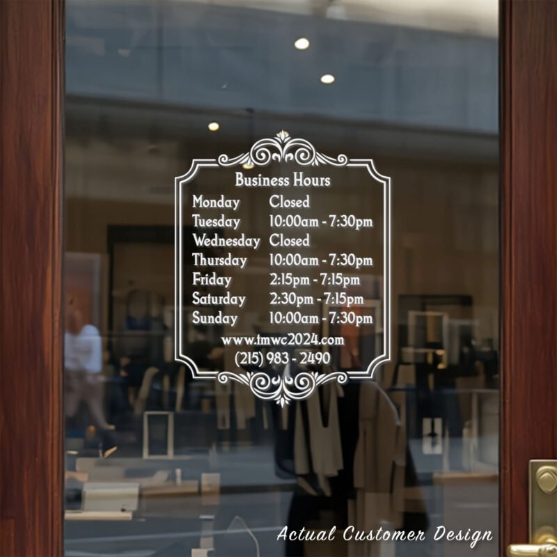 Custom open hours decal applied on wooden glass door, business storefront vinyl lettering, personalized store hours sticker by TheRetractableBanner.Shop