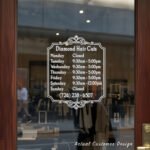 Custom open hours decal applied on wooden glass door, business storefront vinyl lettering, personalized store hours sticker by TheRetractableBanner.Shop
