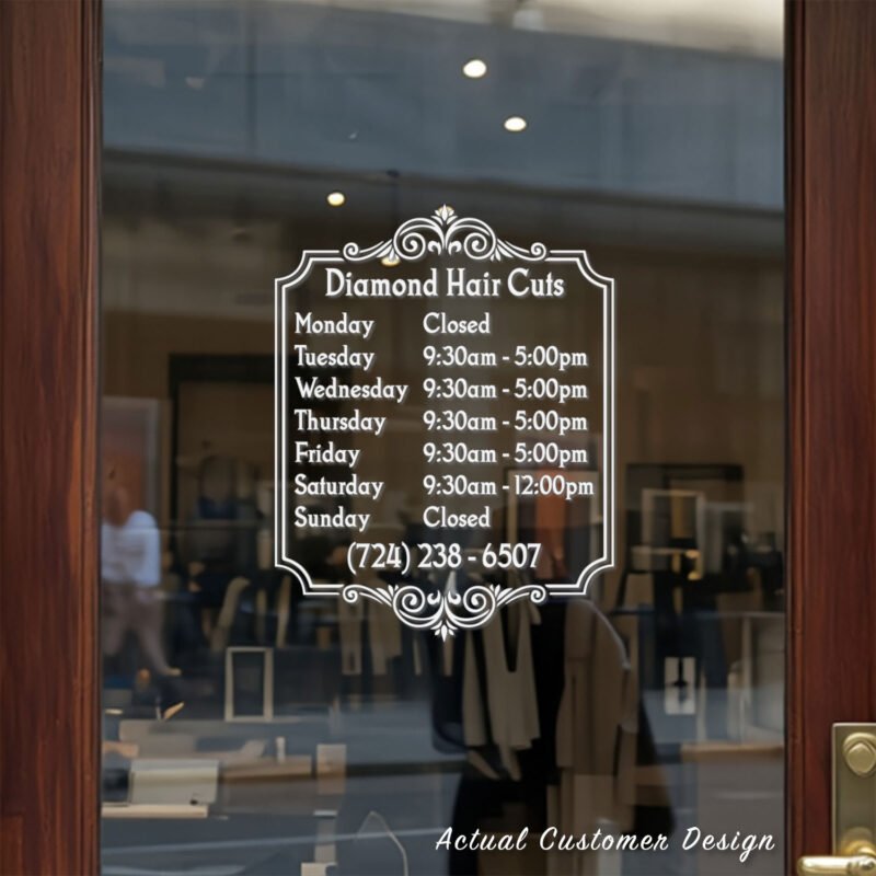 Custom open hours decal applied on wooden glass door, business storefront vinyl lettering, personalized store hours sticker by TheRetractableBanner.Shop