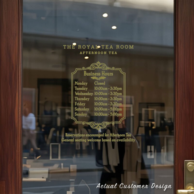 Custom open hours decal applied on wooden glass door, business storefront vinyl lettering, personalized store hours sticker by TheRetractableBanner.Shop