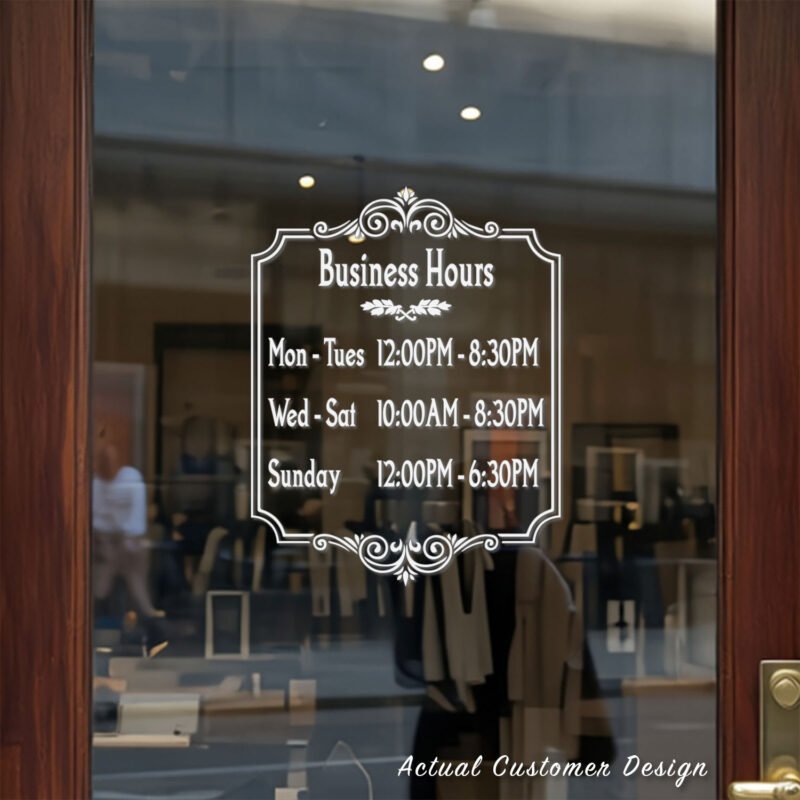 Custom open hours decal applied on wooden glass door, business storefront vinyl lettering, personalized store hours sticker by TheRetractableBanner.Shop