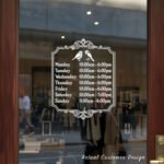 Custom open hours decal applied on wooden glass door, business storefront vinyl lettering, personalized store hours sticker by TheRetractableBanner.Shop