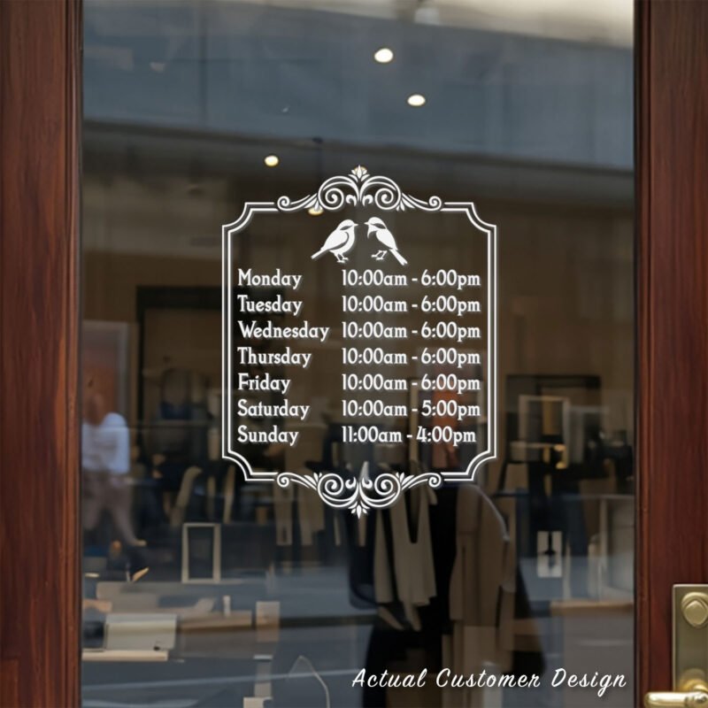 Custom open hours decal applied on wooden glass door, business storefront vinyl lettering, personalized store hours sticker by TheRetractableBanner.Shop
