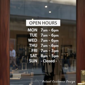 Custom open hours decal applied on wooden glass door, business storefront vinyl lettering, personalized store hours sticker by TheRetractableBanner.Shop