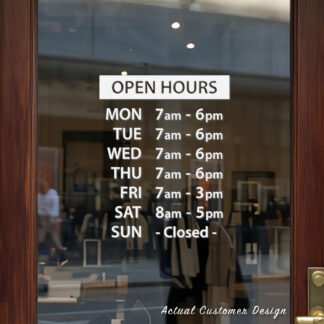 Custom open hours decal applied on wooden glass door, business storefront vinyl lettering, personalized store hours sticker by TheRetractableBanner.Shop