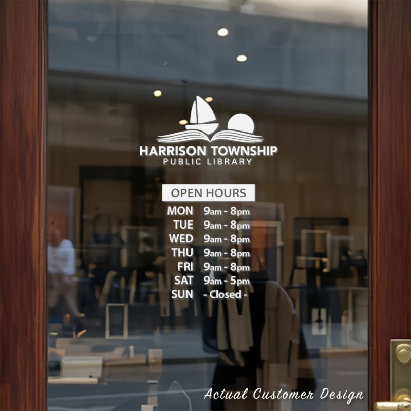 Custom open hours decal applied on wooden glass door, business storefront vinyl lettering, personalized store hours sticker by TheRetractableBanner.Shop