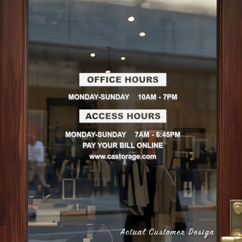Custom open hours decal applied on wooden glass door, business storefront vinyl lettering, personalized store hours sticker by TheRetractableBanner.Shop
