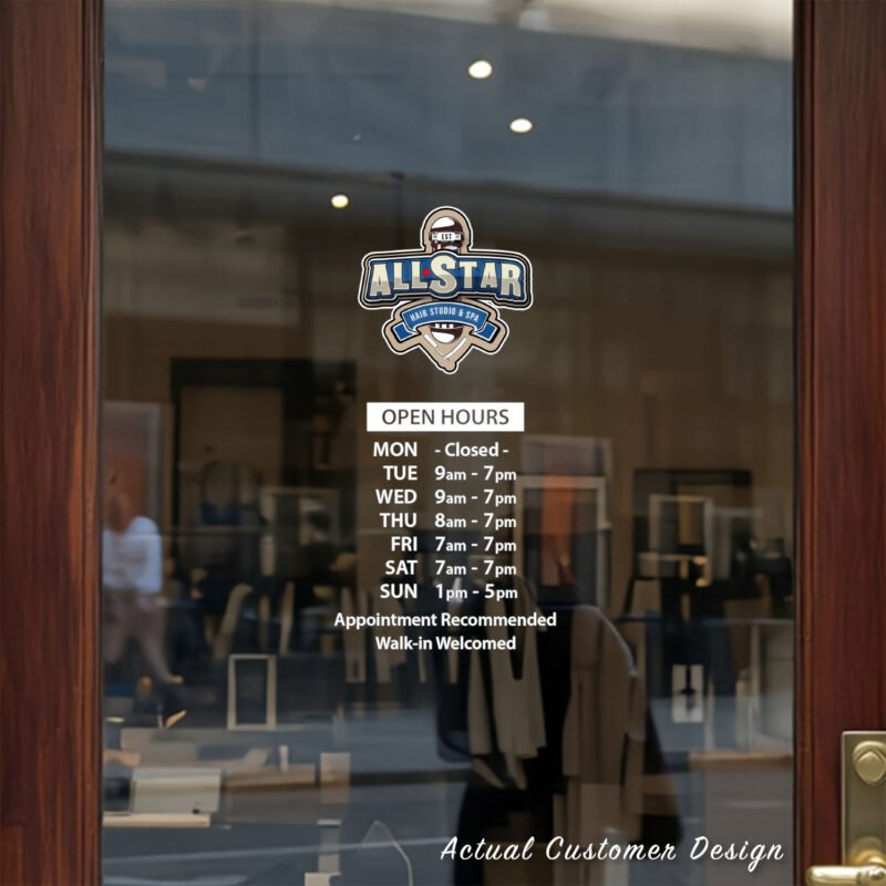 Custom open hours decal applied on wooden glass door, business storefront vinyl lettering, personalized store hours sticker by TheRetractableBanner.Shop