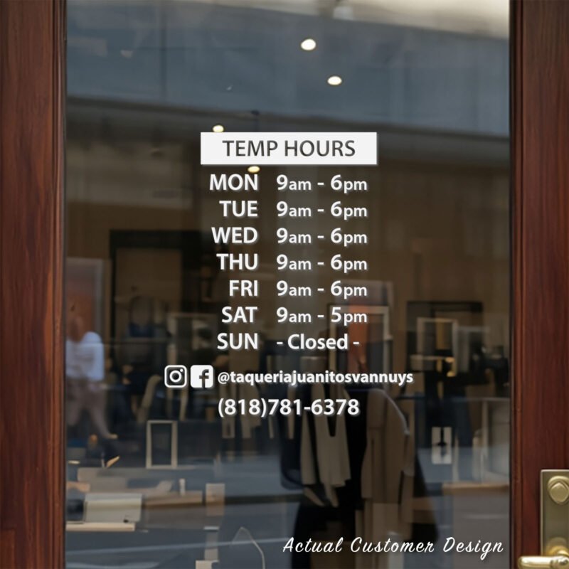 Custom open hours decal applied on wooden glass door, business storefront vinyl lettering, personalized store hours sticker by TheRetractableBanner.Shop