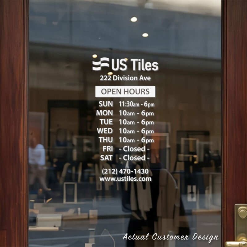 Custom open hours decal applied on wooden glass door, business storefront vinyl lettering, personalized store hours sticker by TheRetractableBanner.Shop