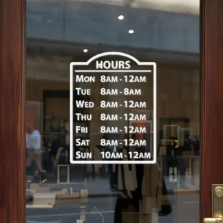 Custom open hours decal applied on wooden glass door, business storefront vinyl lettering, personalized store hours sticker by TheRetractableBanner.Shop