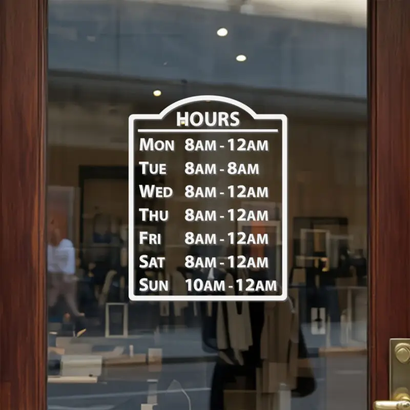 Custom open hours decal applied on wooden glass door, business storefront vinyl lettering, personalized store hours sticker by TheRetractableBanner.Shop