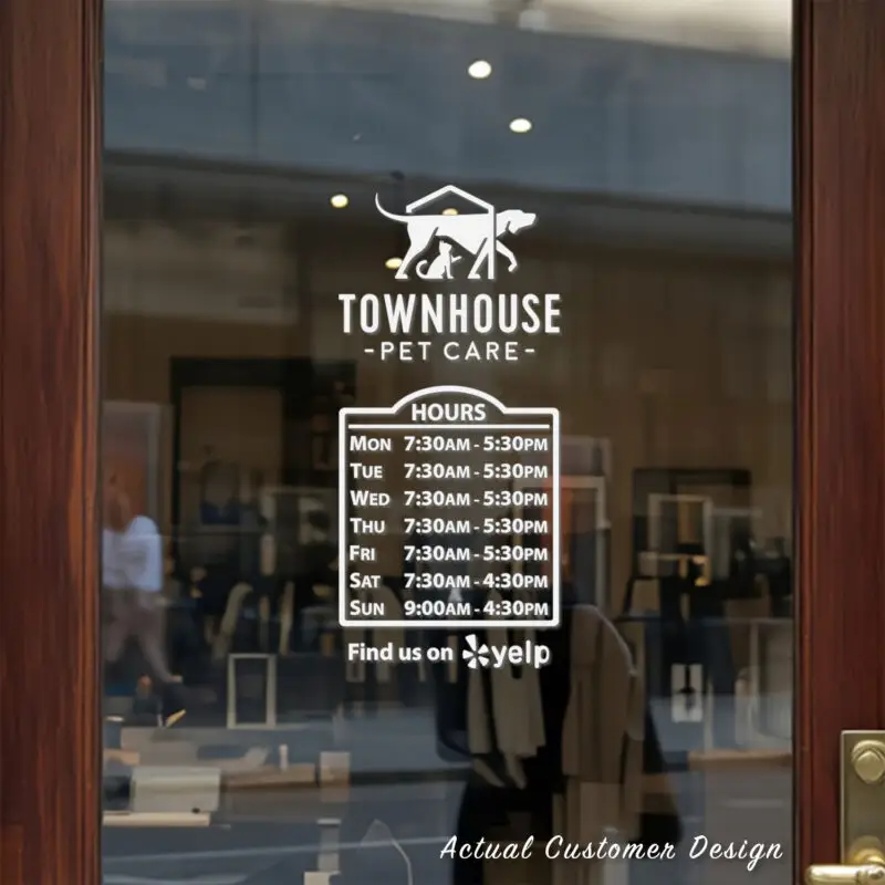 Custom open hours decal applied on wooden glass door, business storefront vinyl lettering, personalized store hours sticker by TheRetractableBanner.Shop