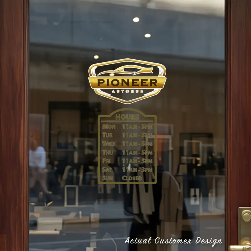 Custom open hours decal applied on wooden glass door, business storefront vinyl lettering, personalized store hours sticker by TheRetractableBanner.Shop