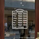 Custom open hours decal applied on wooden glass door, business storefront vinyl lettering, personalized store hours sticker by TheRetractableBanner.Shop