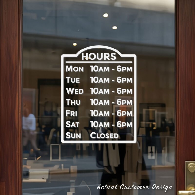 Custom open hours decal applied on wooden glass door, business storefront vinyl lettering, personalized store hours sticker by TheRetractableBanner.Shop