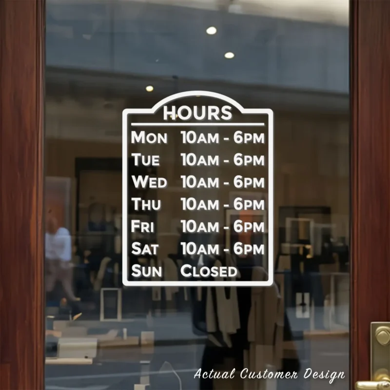 Custom open hours decal applied on wooden glass door, business storefront vinyl lettering, personalized store hours sticker by TheRetractableBanner.Shop