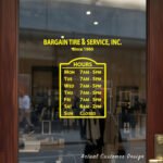 Custom open hours decal applied on wooden glass door, business storefront vinyl lettering, personalized store hours sticker by TheRetractableBanner.Shop