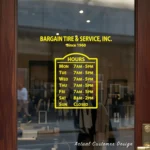 Custom open hours decal applied on wooden glass door, business storefront vinyl lettering, personalized store hours sticker by TheRetractableBanner.Shop