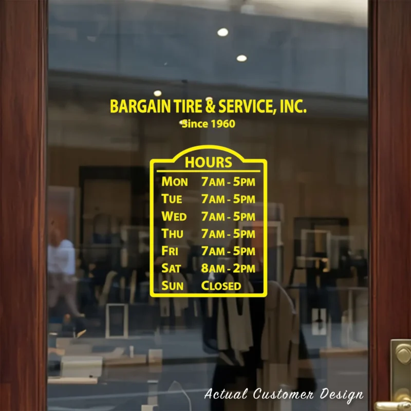 Custom open hours decal applied on wooden glass door, business storefront vinyl lettering, personalized store hours sticker by TheRetractableBanner.Shop