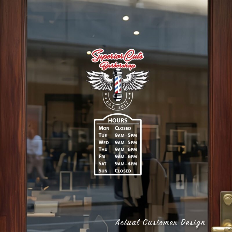 Custom open hours decal applied on wooden glass door, business storefront vinyl lettering, personalized store hours sticker by TheRetractableBanner.Shop