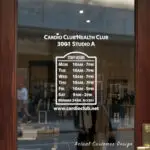 Custom open hours decal applied on wooden glass door, business storefront vinyl lettering, personalized store hours sticker by TheRetractableBanner.Shop