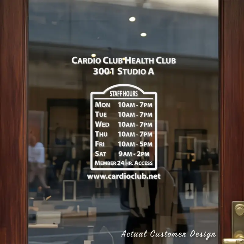 Custom open hours decal applied on wooden glass door, business storefront vinyl lettering, personalized store hours sticker by TheRetractableBanner.Shop
