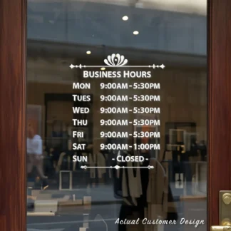 Custom open hours decal applied on wooden glass door, business storefront vinyl lettering, personalized store hours sticker by TheRetractableBanner.Shop