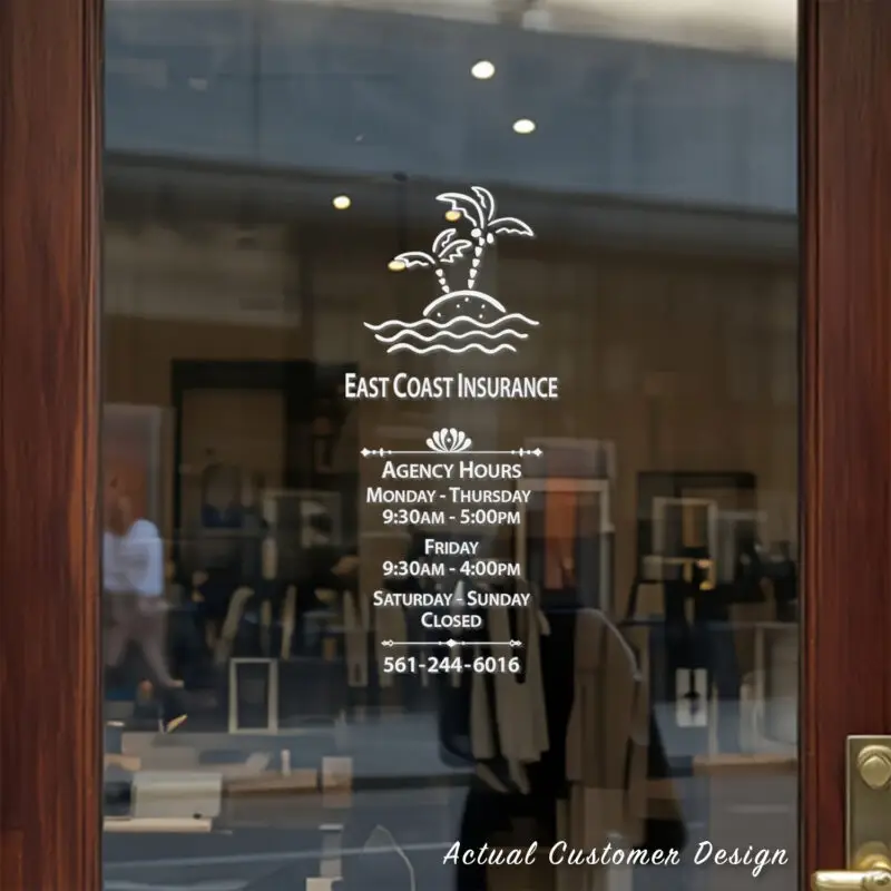 Custom open hours decal applied on wooden glass door, business storefront vinyl lettering, personalized store hours sticker by TheRetractableBanner.Shop