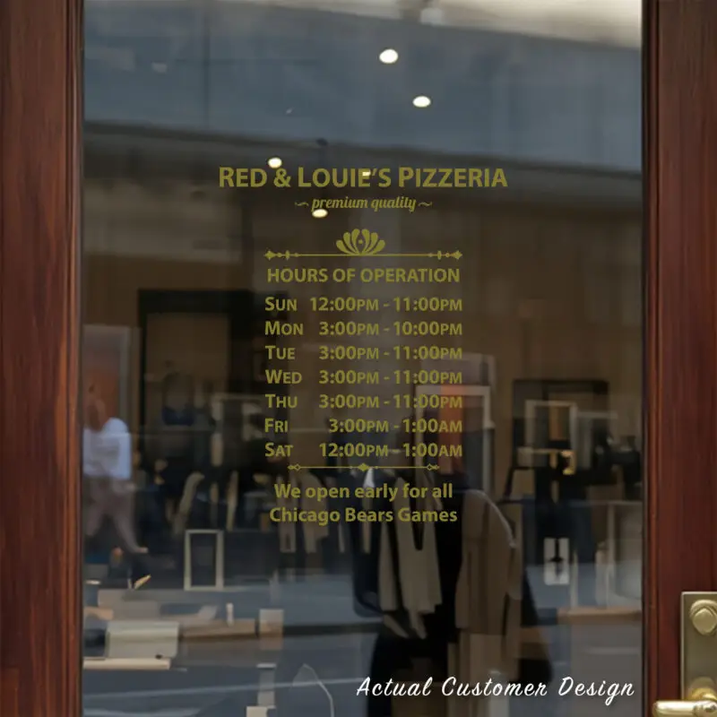 Custom open hours decal applied on wooden glass door, business storefront vinyl lettering, personalized store hours sticker by TheRetractableBanner.Shop