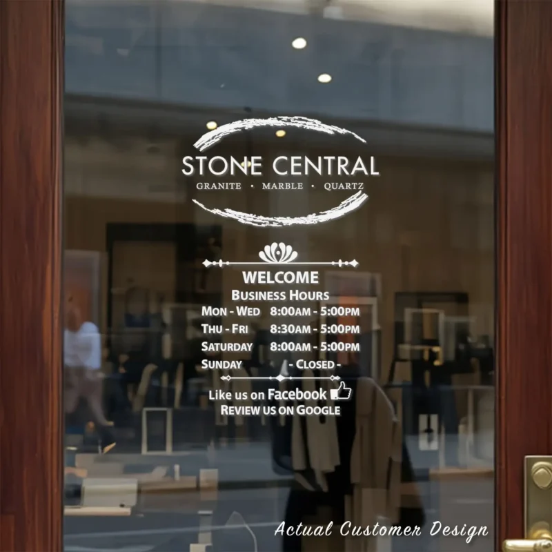 Custom open hours decal applied on wooden glass door, business storefront vinyl lettering, personalized store hours sticker by TheRetractableBanner.Shop