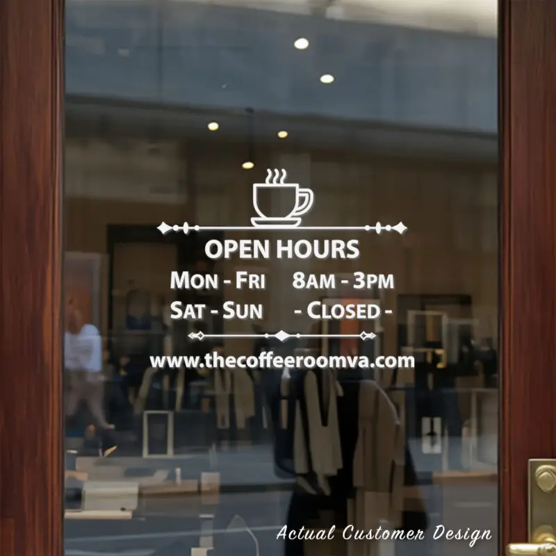 Custom open hours decal applied on wooden glass door, business storefront vinyl lettering, personalized store hours sticker by TheRetractableBanner.Shop