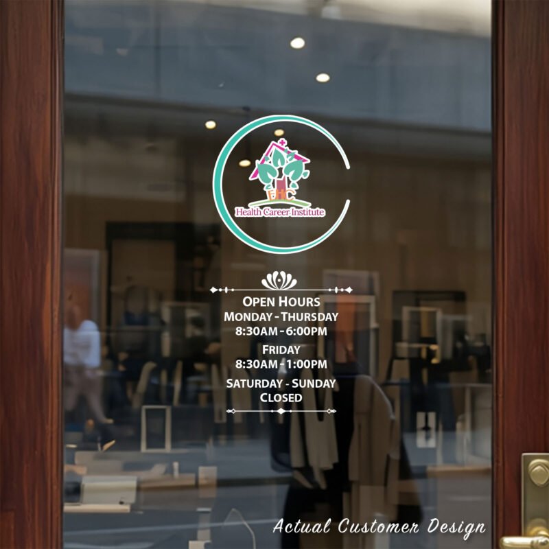 Custom open hours decal applied on wooden glass door, business storefront vinyl lettering, personalized store hours sticker by TheRetractableBanner.Shop