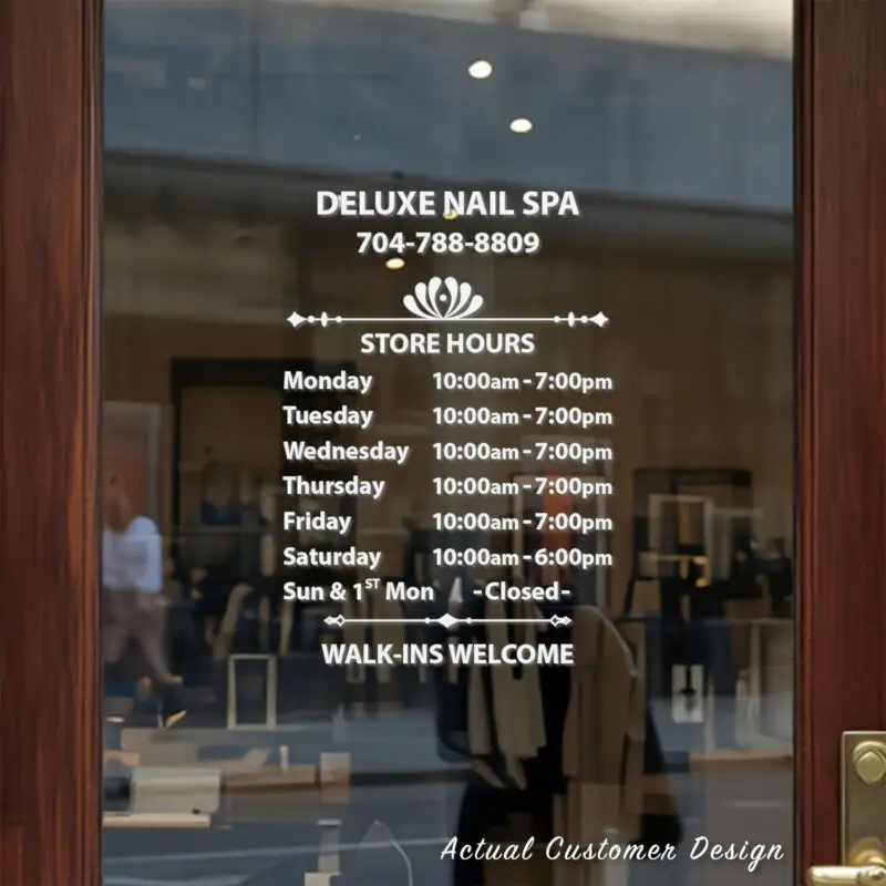 Custom open hours decal applied on wooden glass door, business storefront vinyl lettering, personalized store hours sticker by TheRetractableBanner.Shop