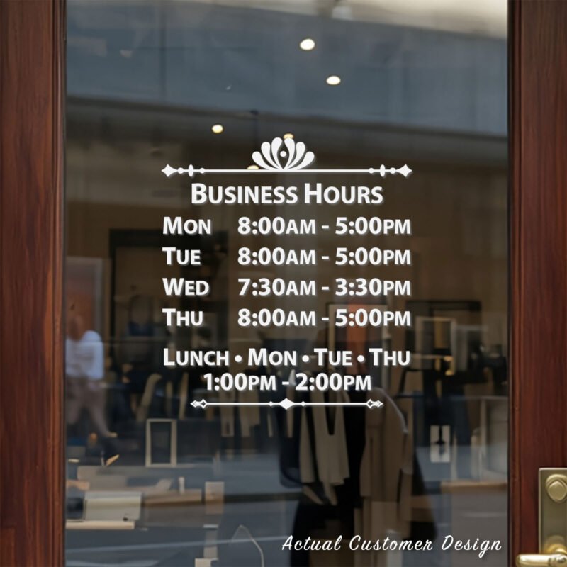 Custom open hours decal applied on wooden glass door, business storefront vinyl lettering, personalized store hours sticker by TheRetractableBanner.Shop
