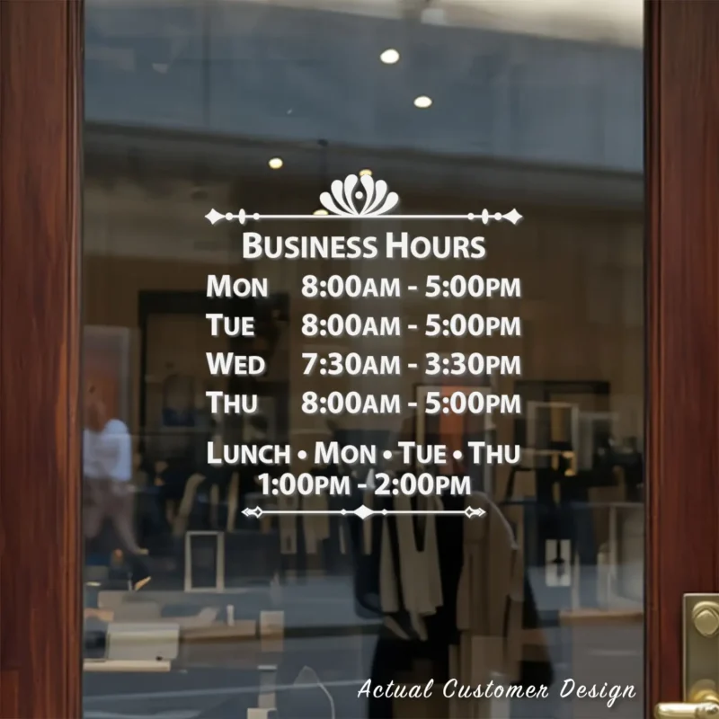 Custom open hours decal applied on wooden glass door, business storefront vinyl lettering, personalized store hours sticker by TheRetractableBanner.Shop