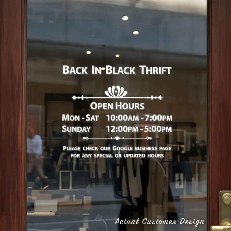 Custom open hours decal applied on wooden glass door, business storefront vinyl lettering, personalized store hours sticker by TheRetractableBanner.Shop