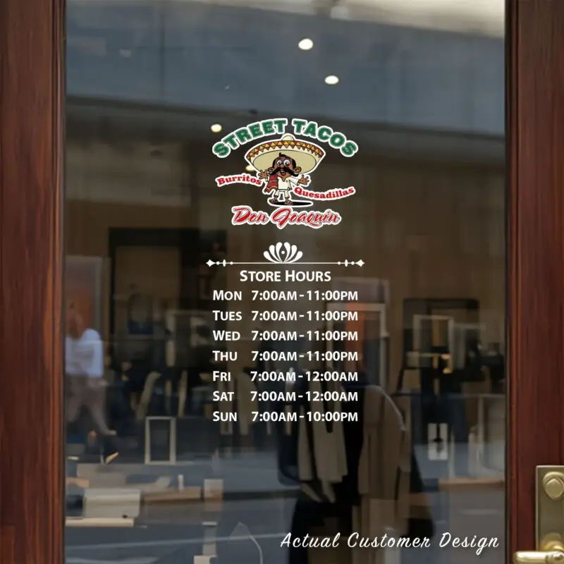 Custom open hours decal applied on wooden glass door, business storefront vinyl lettering, personalized store hours sticker by TheRetractableBanner.Shop