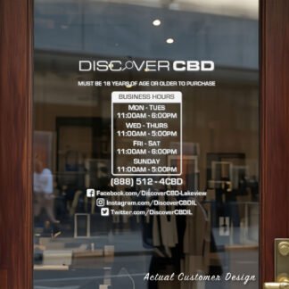 Custom open hours decal applied on wooden glass door, business storefront vinyl lettering, personalized store hours sticker by TheRetractableBanner.Shop